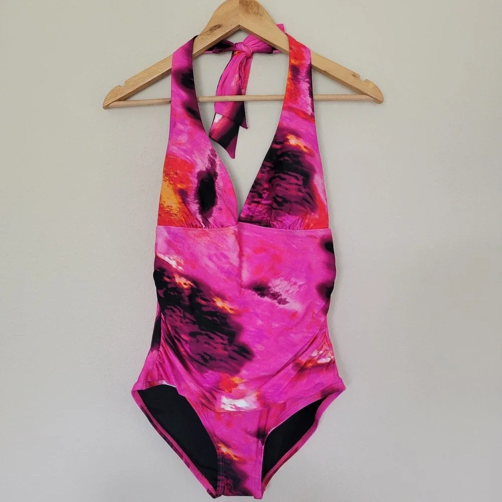 DKNY One Piece Swimsuit Size M Pink Halter Tummy Compression UPF 40 Stretch NEW - Picture 1 of 8